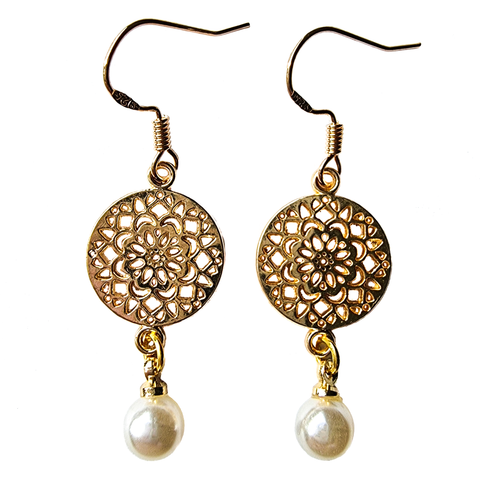 Gold Mandala & Pearl Earrings
