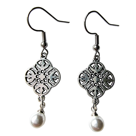 Ornate Silver Charm & Pearl Earrings