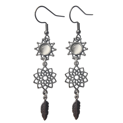 Silver Mandala and Feather Earrings